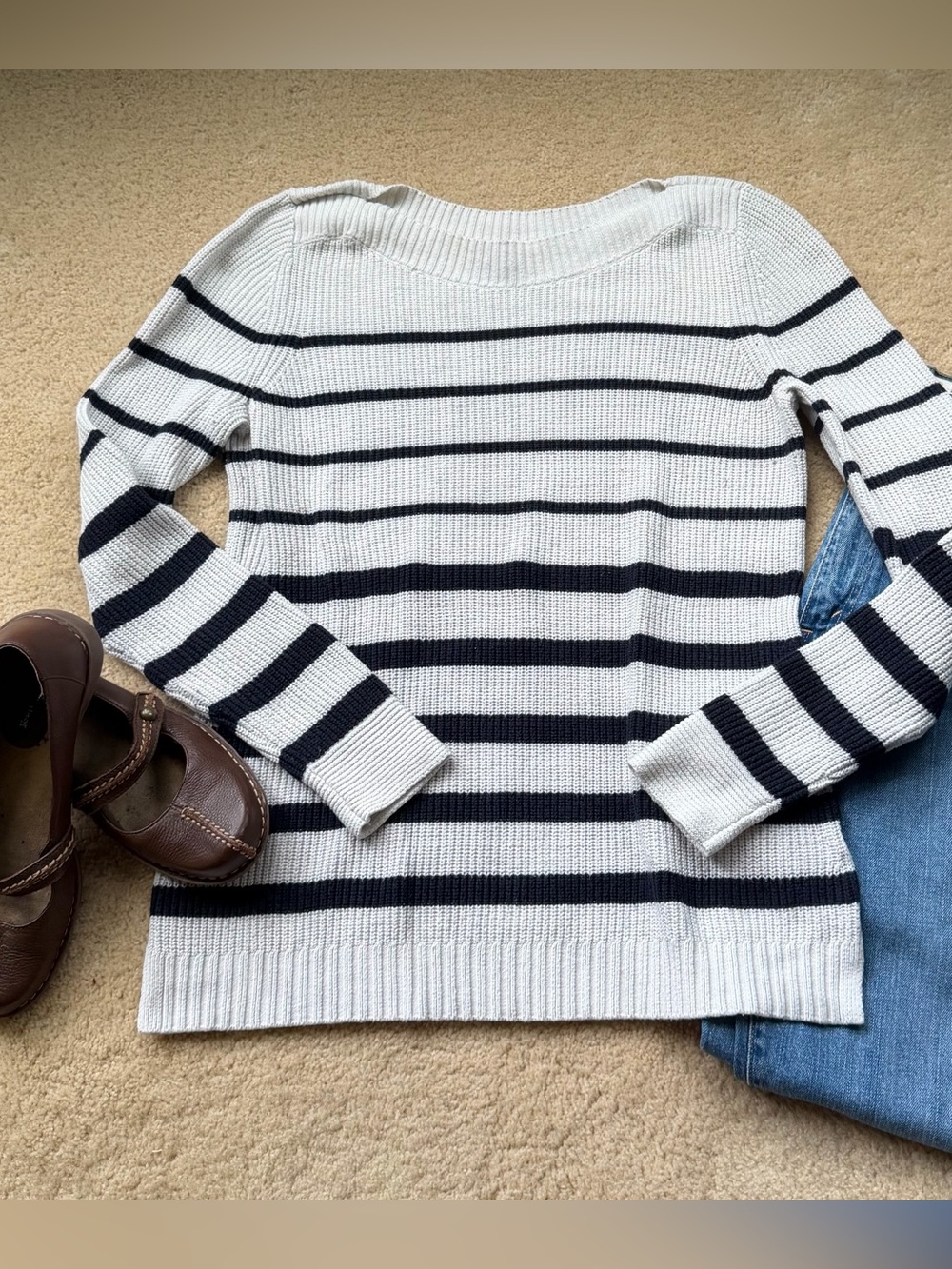 Talbots Ivory & Navy Blue Striped Boatneck Long Sleeve Sweater - Size M - EUC